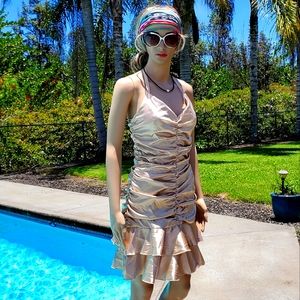 Jessica McCLINTOCK gold champagne dress sz 8, roughed, Halter tie top, vintage